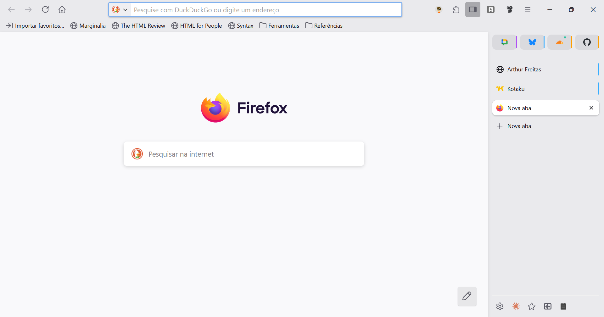 Captura de tela de uma janela do Firefox com a aba de início