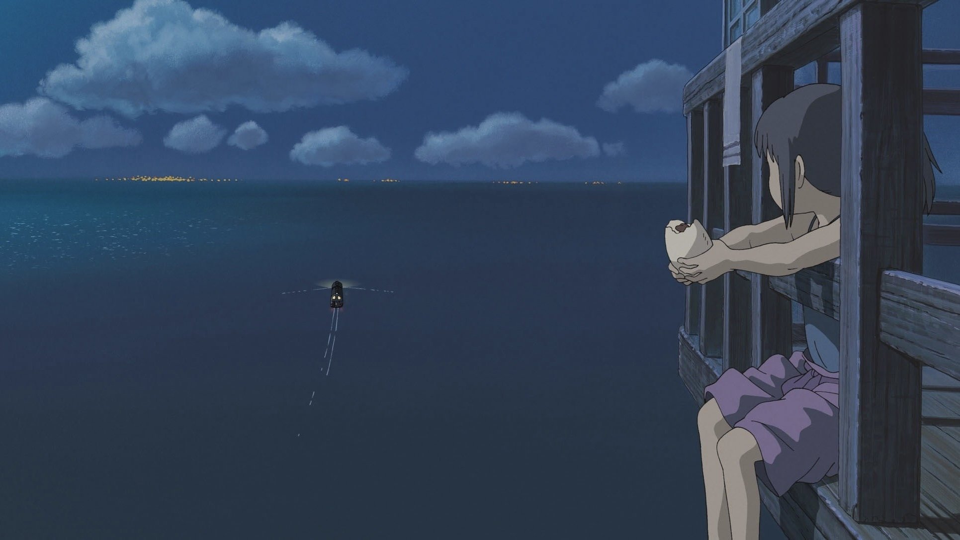 Chihiro olha um bonde passando no meio do mar durante a noite