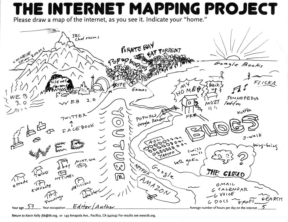Mapa ilustrado da internet como paisagem: montanhas representam IRC e fóruns chineses; Pirate Bay como baía; 'My Home' como casa central; Twitter e Facebook como rio; grandes logos de BLOGS, Amazon, e Google como formações de relevo; 'The Cloud' com serviços Gmail, Calendar e Docs. Desenhado por um editor/autor de 37 anos com 5 horas diárias online.