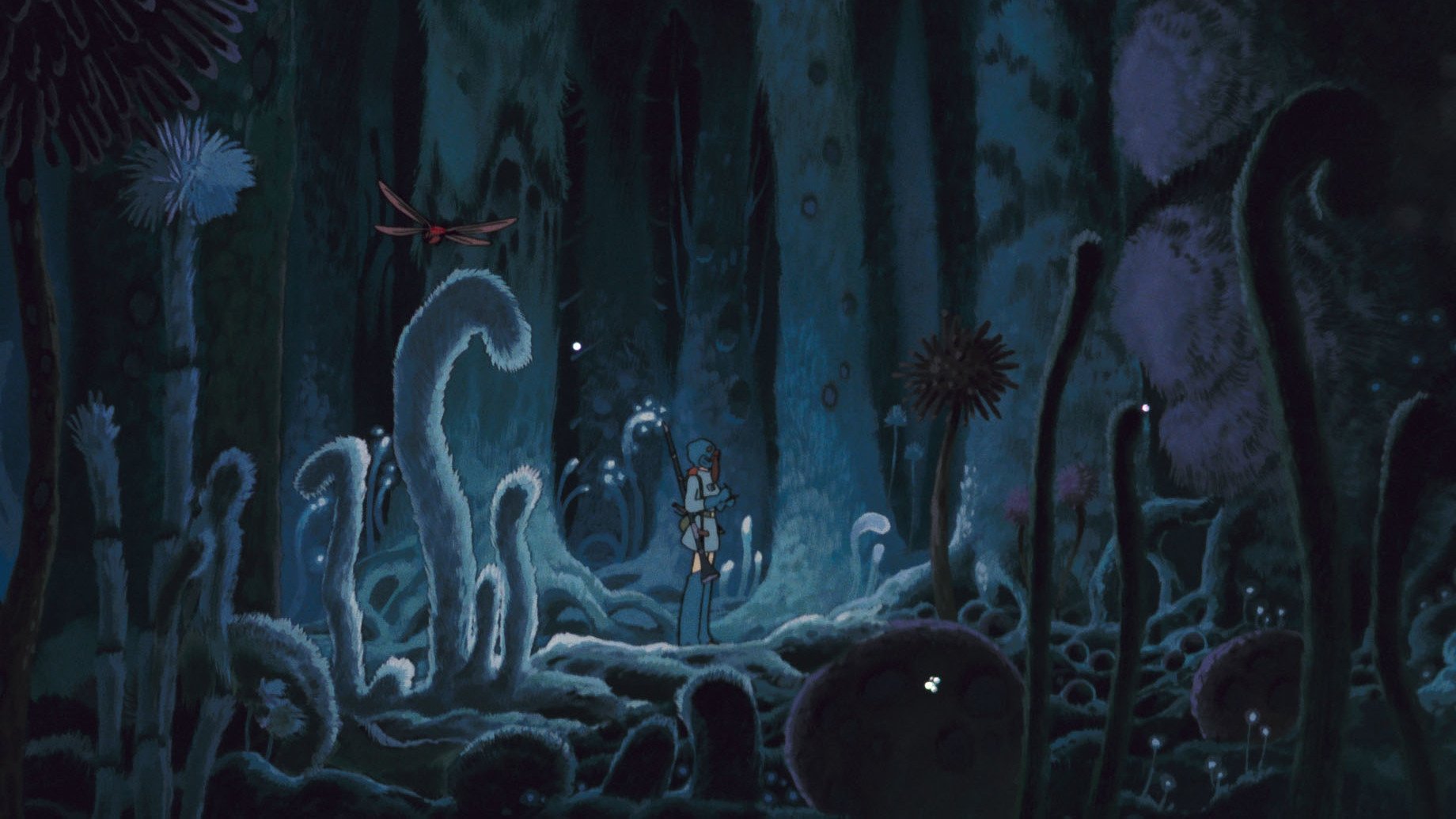 Nausicaä no meio de uma floresta de fungos gigantes