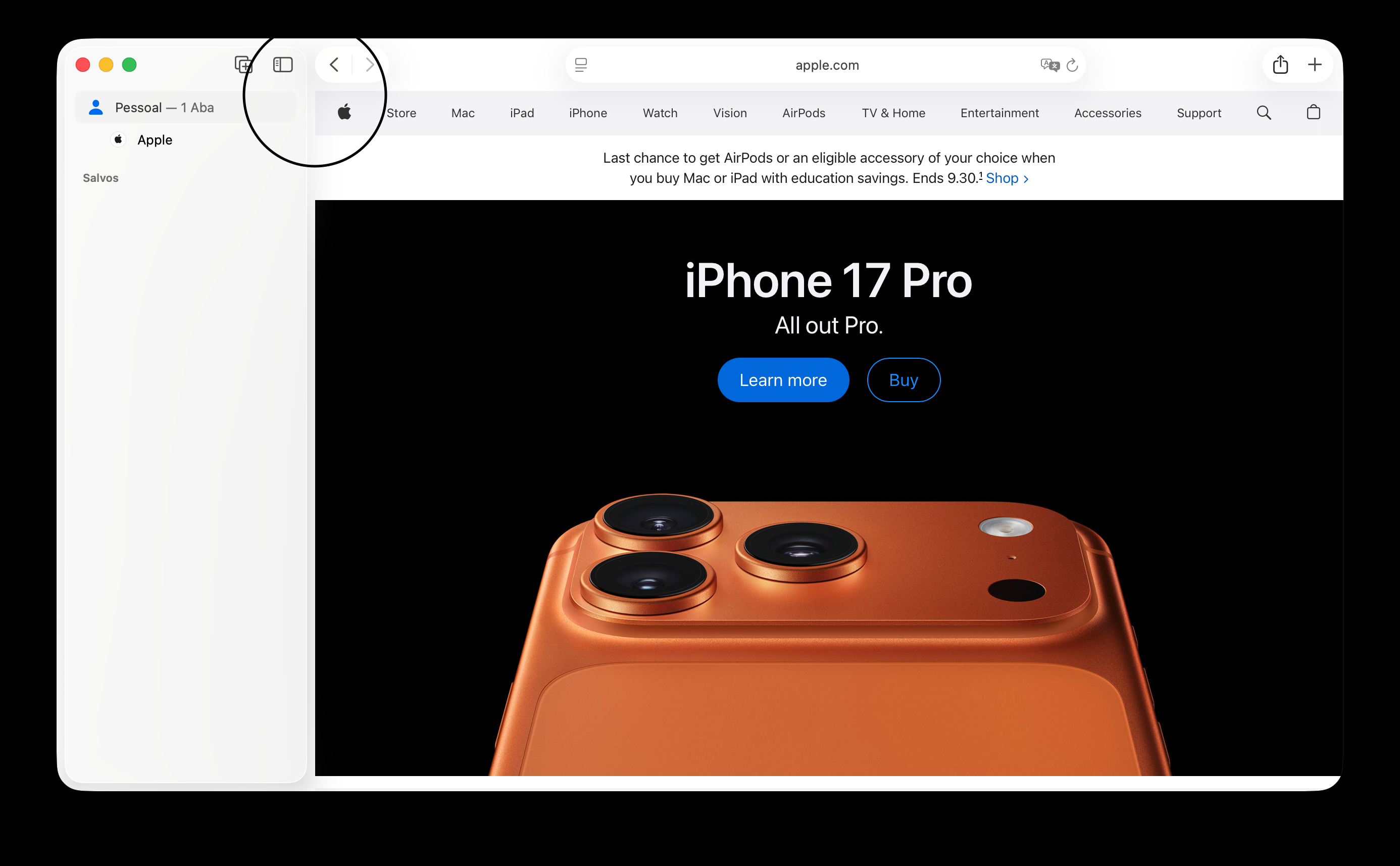Uma janela do navegador Safari com a página inicial da Apple.com. Em destaque, a separação entre o conteúdo da página e a barra lateral