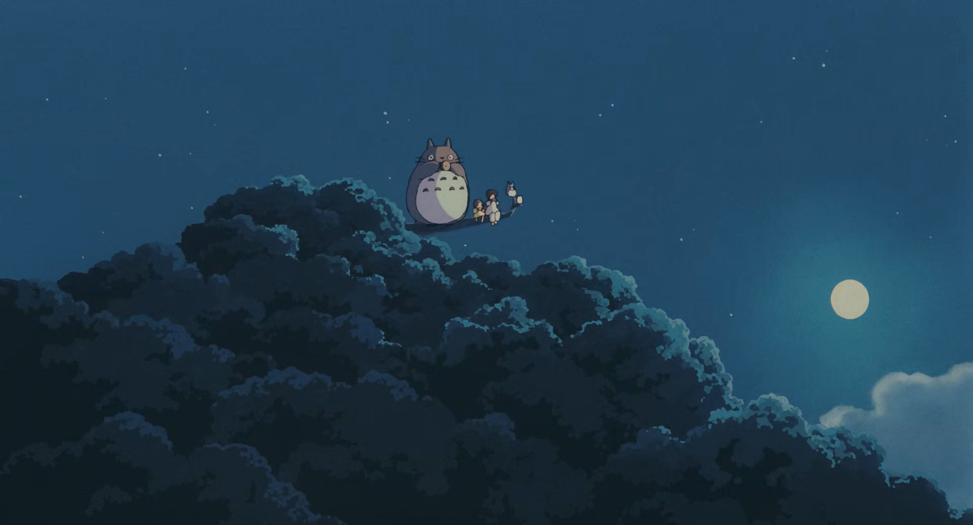 Totoro, totorinho, totorinhoinho, Satsuki e Mei em cima da árvore gigante
