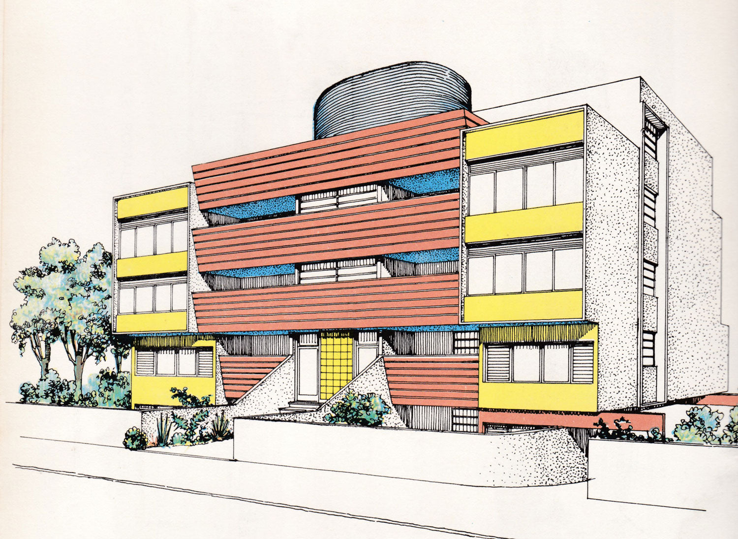 Ilustração arquitetônica de um edifício residencial de três andares. A fachada é dominada por extensos brise-soleils horizontais em cor salmão/terracota, intercalados com faixas azuis e painéis amarelos vibrantes. No topo, uma estrutura cilíndrica achatada em cinza. A entrada é marcada por escadarias triangulares simétricas. Vegetação baixa na calçada.