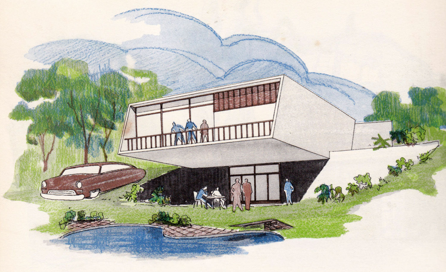 Ilustração arquitetônica de uma residência em balanço sobre terreno inclinado. O volume superior — branco, com painéis em marrom-avermelhado e terraço com guarda-corpo — avança sobre o pavimento inferior, criando uma área coberta escura ao nível do jardim. Figuras humanas em azul e marrom circulam pela área externa. À esquerda, um automóvel antigo bordô. Em primeiro plano, uma pequena lagoa e vegetação densa ao fundo.