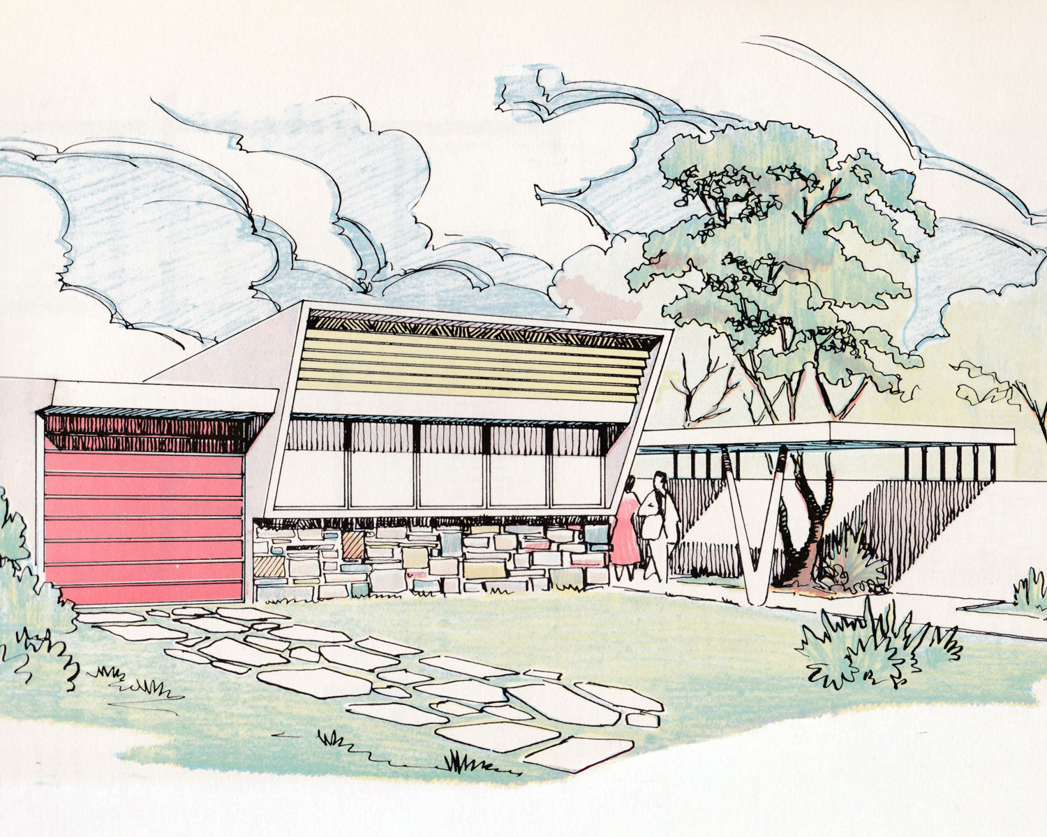 Ilustração arquitetônica de uma residência térrea horizontal. O telhado inclinado em ângulo agudo projeta uma ampla varanda sustentada por colunas diagonais. À esquerda, uma garagem com porta em ripas horizontais rosas. A base é revestida com alvenaria de pedra irregular em tons pastel. Caminho de pedras irregulares no jardim. Duas figuras femininas caminham em frente à entrada. Céu expressivo com nuvens volumosas.